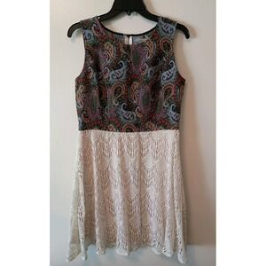Flying Tomato Women's Dress Sz M Boho Paisley‎ Tapestry Bodice Cream Lace Skirt
